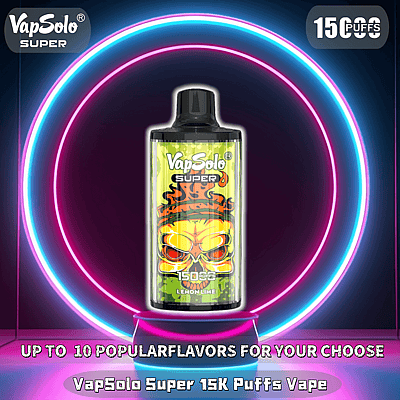 Imagen promocional que muestra VapSolo Super 15K Puffs Vape, con un diseño de sabor a limón y lima, luces circulares de neón y texto que publicita hasta diez sabores populares.