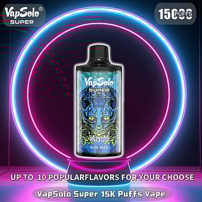 Immagine promozionale del vaporizzatore VapSolo Super con 15.000 boccate al gusto Blue Razz, su uno sfondo con anelli al neon e testo che evidenzia 10 gusti disponibili.