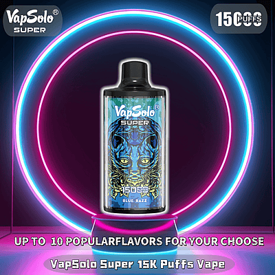 Imagen promocional del vaporizador VapSolo Super con 15.000 bocanadas y sabor Blue Razz, sobre un fondo de anillo de neón con texto que resalta 10 opciones de sabor.