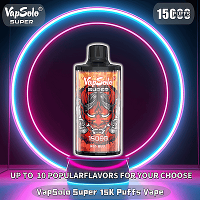 Imagen promocional del vaporizador VapSolo Super 15K Puffs que presenta un diseño atrevido con un gráfico de demonio rojo y un fondo circular de neón.