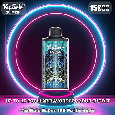Exhibición de producto de VapSolo Super 15K Puffs Vape con un sabor Blue Razz con gráficos intrincados de la cara de un tigre sobre un fondo de círculo de neón.