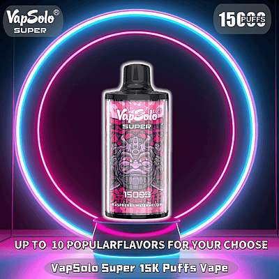Una imagen promocional que presenta el vaporizador VapSolo Super 15000 Puffs en sabor a frambuesa y sandía, sobre un fondo vibrante de anillos neón de color rosa y azul.