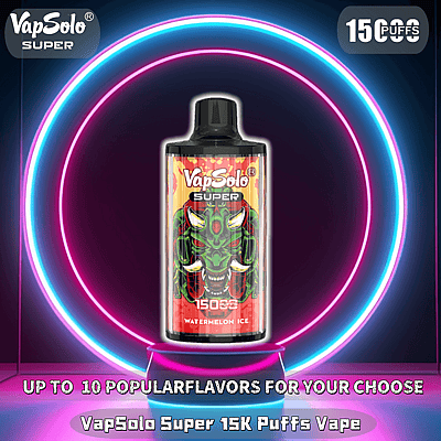 Dispositivo de vapeo VapSolo Super con diseño de sabor a sandía helada, exhibido frente a anillos de luz de neón vibrantes, anunciando hasta 15,000 bocanadas y varias opciones de sabor.