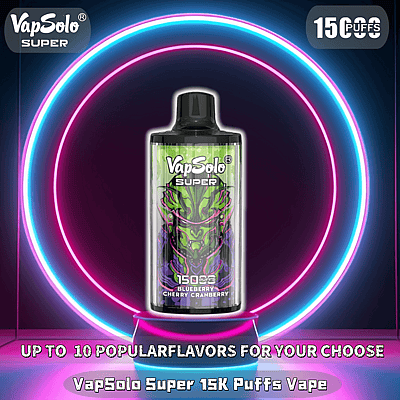 Imagen promocional del dispositivo de vapeo VapSolo Super, que muestra su diseño con un fondo de anillo de neón azul y rosa vibrante, enfatizando características como 15,000 bocanadas y un sabor a arándano, cereza y arándano rojo.