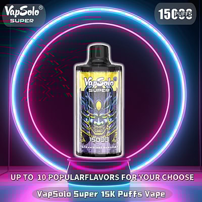 Immagine promozionale che mostra il dispositivo per svapare VapSolo Super, con 15.000 boccate e aroma di fragola e banana, su uno sfondo circolare al neon, con testo che evidenzia fino a 10 aromi popolari disponibili.