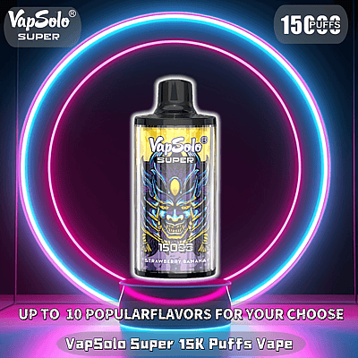 Imagen promocional que muestra el dispositivo de vapeo VapSolo Super con 15,000 bocanadas y sabor a fresa y plátano sobre un fondo circular de neón, con texto que resalta hasta 10 sabores populares disponibles.
