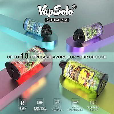 Immagine promozionale per VapSolo Super che presenta dispositivi per svapare usa e getta colorati con caratteristiche quali 10 gusti, 15000 boccate, capacità di 650 mAh, bobina a rete, ricaricabilità di tipo C e flusso d'aria regolabile.