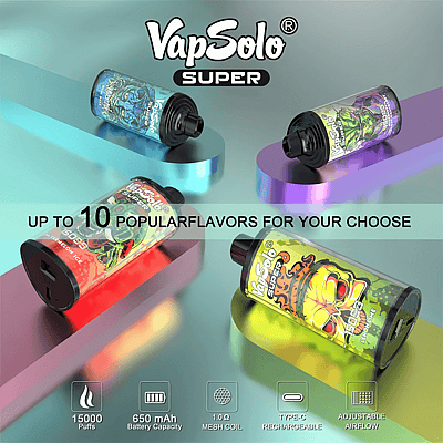 Imagen promocional de VapSolo Super que muestra coloridos dispositivos de vapeo desechables con características que incluyen 10 sabores, 15000 bocanadas, capacidad de 650 mAh, bobina de malla, recarga tipo C y flujo de aire ajustable.