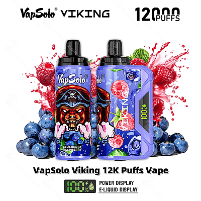Promotiefoto van de VapSolo Viking 12K Puffs Vape met twee vape-apparaten met een bosbessen-frambozensmaak, omringd door verse bessen en met functies zoals digitale indicatoren voor vermogen en e-liquid.