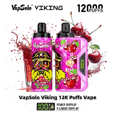 VapSolo Viking 12K Puffs Vape-apparaat in roze met bruisende kersensmaak, met een elektronisch display en kersenafbeeldingen in het ontwerp.