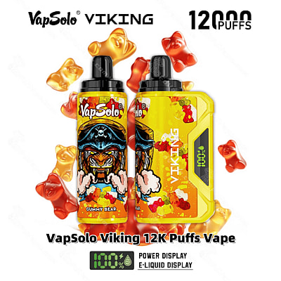 Image promotionnelle présentant les produits Vape VapSolo Viking 12K Puffs dans un design au goût d'ours en gélatine avec un emballage jaune vif, ainsi que des fonctionnalités telles que la puissance et l'affichage du e-liquide mis en évidence.