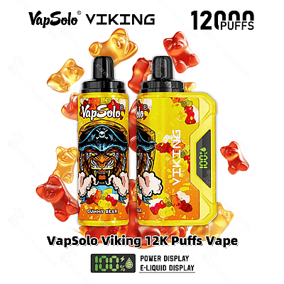 Promotie-afbeelding met VapSolo Viking 12K Puffs Vape-producten in een gummybeersmaakontwerp met een felgele verpakking, waarbij kenmerken zoals vermogen en e-liquidweergave worden benadrukt.