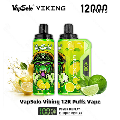 Image promotionnelle pour l'appareil de vapotage VapSolo Viking 12 000 bouffées au goût de citron vert et de citron, présentant un design de style dessin animé et une fonction d'affichage de la puissance.