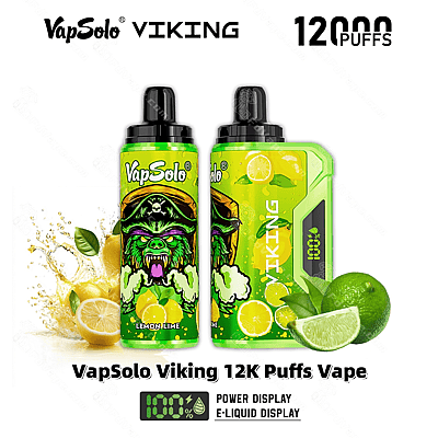 Promotiefoto voor het VapSolo Viking 12.000 trekjes dampapparaat met limoen- en citroensmaak, met een cartoonachtig ontwerp en een vermogensweergave.