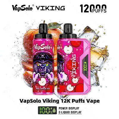 Graphique promotionnel pour VapSolo Viking 12K Puffs Vape présentant deux appareils de vape colorés avec un thème de saveur de glace à la pomme rouge, entourés d'images glacées et fruitées, mettant en valeur la puissance et les fonctionnalités d'affichage du e-liquide.