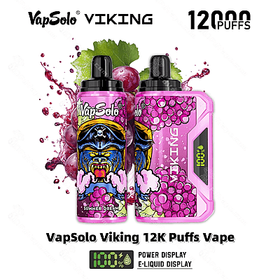 Het VapSolo Viking 12K Puffs Vape-apparaat in een levendige roze kleur met een druivenmotief en een digitaal display voor het controleren van het vermogen en de e-liquid.