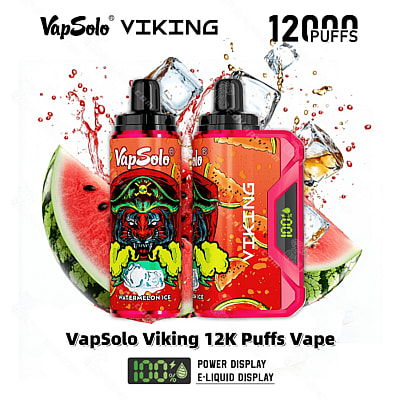 Vape VapSolo Viking 12K Puffs avec saveur Watermelon Ice, design audacieux avec un corps rouge vif et indicateurs d'affichage de puissance et d'e-liquide.