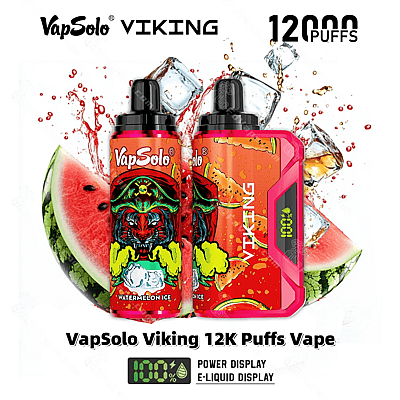 VapSolo Viking 12K Puffs Vape met Watermelon Ice-smaak, opvallend design met een felrode behuizing en weergave-indicatoren voor vermogen en e-liquid.