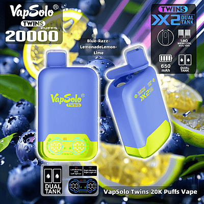Image promotionnelle pour la vape VapSolo Twins 20 000 Puffs dotée de la technologie à double réservoir, avec un design d'appareil bleu et vert entouré de myrtilles et de citrons, mettant en valeur des saveurs comme la limonade Blue-Razz et le citron-lime.