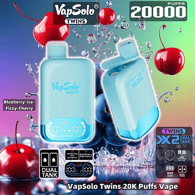 Image promotionnelle présentant l'appareil de vapotage VapSolo Twins avec deux réservoirs, mis en valeur par sa saveur de cerise pétillante à la myrtille et à la glace et une capacité de 20 000 bouffées, accompagnée de graphismes de cerises et de myrtilles.