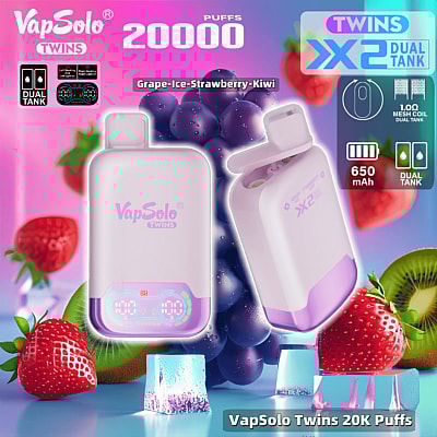 Promotional image showing the VapSolo Twins vaping device featuring dual tank technology, 20,000 puffs capacity, Grape-Ice-Strawberry-Kiwi flavor, and surrounded by illustrated fruit and ice cubes.