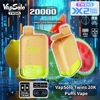 Promotional image showcasing the VapSolo Twins vape device with dual tanks, 20,000 puffs capacity, and Lemon-Lime-Watermelon flavor, featuring detailed product highlights and vibrant fruit visuals in the background.