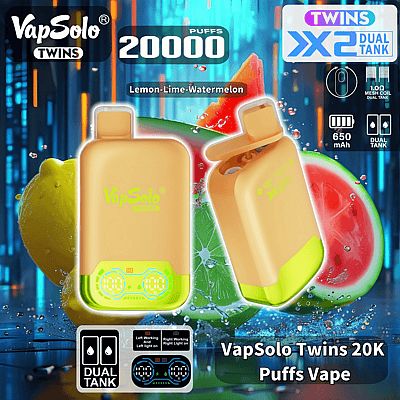 Image promotionnelle présentant l'appareil de vapotage VapSolo Twins avec deux réservoirs, une capacité de 20 000 bouffées et une saveur citron-citron vert-pastèque, avec des points forts détaillés du produit et des visuels de fruits vibrants en arrière-plan.