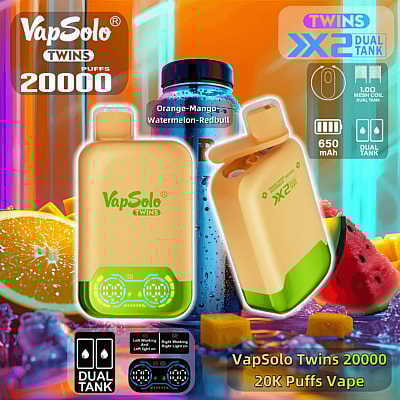 Promotional image showcasing the VapSolo Twins 20000 disposable vape with dual-tank design, featuring orange and lemon imagery for flavor representation.