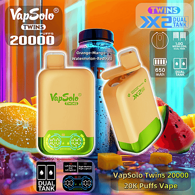 Image promotionnelle présentant la vape jetable VapSolo Twins 20000 avec une conception à double réservoir, avec des images d'orange et de citron pour la représentation de la saveur.