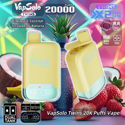 Promotional image for the 'VapSolo Twins' vape device, featuring a light yellow and blue design, with dual tanks and specifications such as 20,000 puffs and 650mAh capacity, displayed amidst a tropical fruit backdrop.