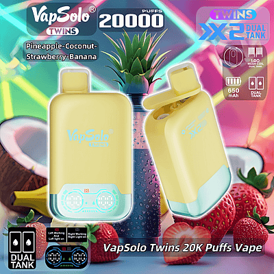 Image promotionnelle pour l'appareil de vapotage « VapSolo Twins », doté d'un design jaune clair et bleu, avec deux réservoirs et des spécifications telles que 20 000 bouffées et une capacité de 650 mAh, affiché au milieu d'un fond de fruits tropicaux.
