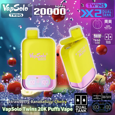 Promotional image for the VapSolo Twins 20K Puffs Vape featuring a dual-tank design, 650mAh battery, and fruit flavor graphics, set against a vibrant purple background.