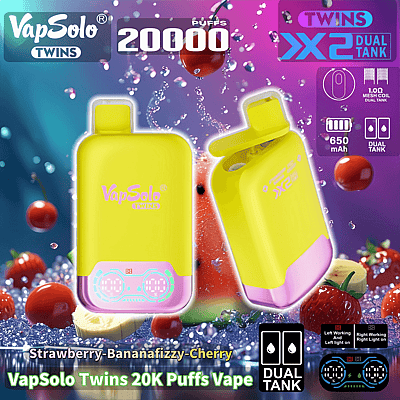 Image promotionnelle pour le VapSolo Twins 20K Puffs Vape avec une conception à double réservoir, une batterie de 650 mAh et des graphismes de saveur de fruits, sur un fond violet vibrant.