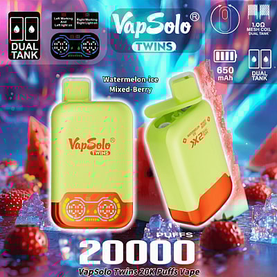 Advertisement for the VapSolo Twins vape device featuring dual tanks, a capacity of 20,000 puffs, watermelon-ice and mixed-berry flavors, 650mAh battery, and vibrant fruit-themed graphics.