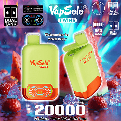 Publicité pour l'appareil de vapotage VapSolo Twins doté de deux réservoirs, d'une capacité de 20 000 bouffées, de saveurs de pastèque glacée et de baies mélangées, d'une batterie de 650 mAh et de graphismes vibrants sur le thème des fruits.