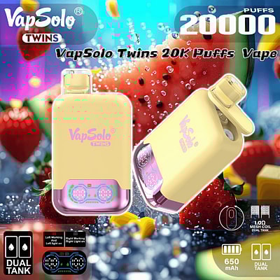 Promotional image featuring VapSolo Twins 20K Puffs vape devices with dual tanks against a background of strawberries and playful water droplets, accompanied by specifications such as 650 mAh battery and 1.00 mesh coil.