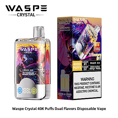 Een Waspe Crystal 40K Puffs Dual Flavors Disposable Vape en de verpakking, met de smaken 'Peach Ice' en 'Watermelon Mango Peach', met een nicotinewaarschuwingslabel.