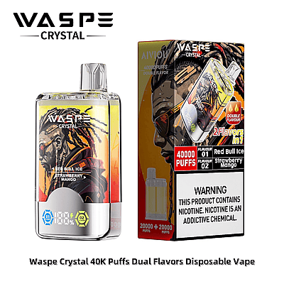 Verpakking en product van de Waspe Crystal 40K Puffs wegwerp-vape met twee smaken, Red Bull Ice en Strawberry Mango, en een waarschuwing over nicotinegebruik.