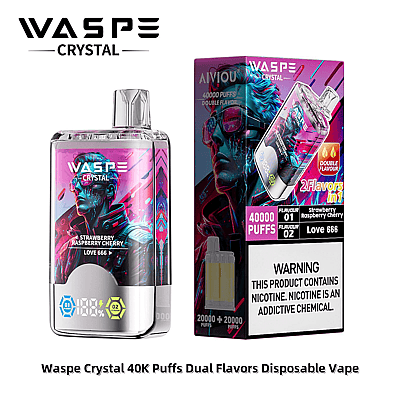 Een Waspe Crystal wegwerp-vape-apparaat en de verpakking met de twee smaken Strawberry Raspberry Cherry en Love 666, met een capaciteit van 40.000 trekjes en een nicotinewaarschuwing.