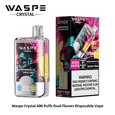 Een Waspe Crystal 40K Puffs wegwerp-vape met dubbele smaak en de bijbehorende verpakking, met levendige illustraties en gelabeld met de smaken Watermelon Ice en Lemon Lime, samen met een waarschuwing over het nicotinegehalte.