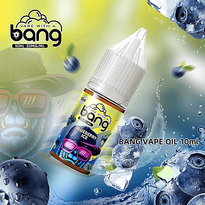 Una imagen promocional de 'Bang Vape Oil' con sabor a arándano helado, con una botella de 10 ml rodeada de gráficos estilizados de arándanos y cubitos de hielo.
