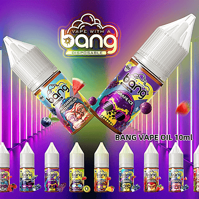 Imagen promocional de Bang Vape Oil con coloridas botellas de aceite para vapear de 10 ml con varios sabores frutales sobre un fondo vibrante.