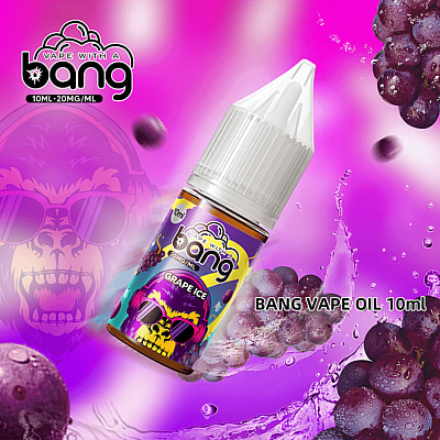 A promotional image featuring a 10ml bottle of Bang Vape Oil in Grape Ice flavor, against a vibrant purple backdrop with grape and splash elements.