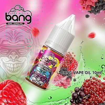 Colorful promotional image showcasing a 10ml bottle of Bang Vape oil with a mixed berry fruit theme in a vibrant background.