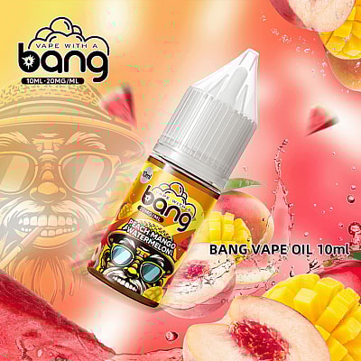 Bang Vape Oil 10ml in Peach-Mango-Watermelon flavor, displayed in vibrant packaging alongside fruity images of peaches, mangoes, and watermelon against a lively orange background.