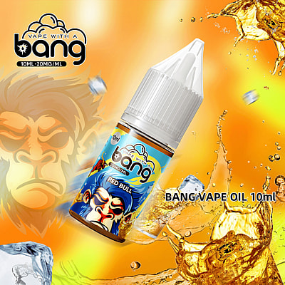 A promotional image for Bang vape oil in a 10ml bottle with 20mg/ml concentration, featuring a colorful design inspired by energy drinks against a vibrant background of splashing liquid and ice.