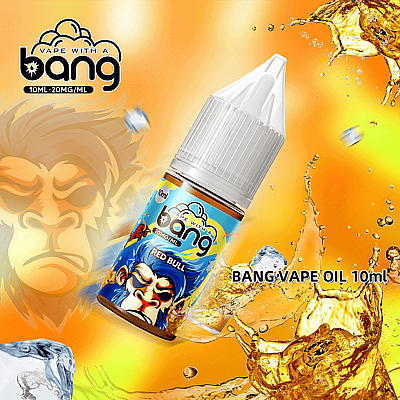 Una imagen promocional del aceite para vapear Bang en una botella de 10 ml con una concentración de 20 mg/ml, que presenta un diseño colorido inspirado en las bebidas energéticas sobre un fondo vibrante de líquido salpicado y hielo.
