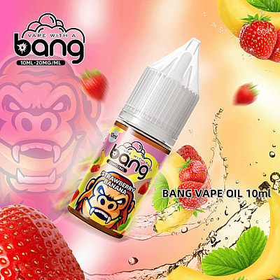 Promotional image featuring a 10ml bottle of Bang Vape Oil in Strawberry Banana flavor, surrounded by graphic elements like strawberries, bananas, and splashes of liquid on a gradient background.