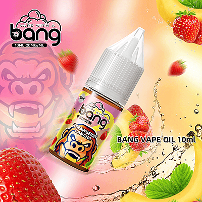 Imagen promocional que presenta una botella de 10 ml de Bang Vape Oil con sabor a fresa y plátano, rodeada de elementos gráficos como fresas, plátanos y salpicaduras de líquido sobre un fondo degradado.