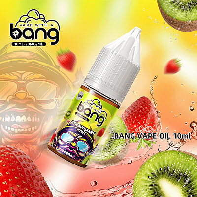 Promotional image of Bang Vape Oil, with a 10ml bottle featuring strawberry kiwi flavor details, surrounded by illustrations of strawberries and kiwi slices against a vibrant yellow and orange background.